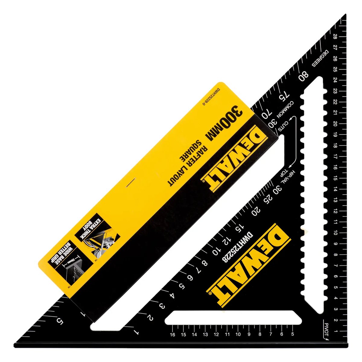 DeWALT DWHT25227-0 / DWHT25228-0 – hliníkový tesársky uholník s metrickou stupnicou, rameno 180 / 300 mm